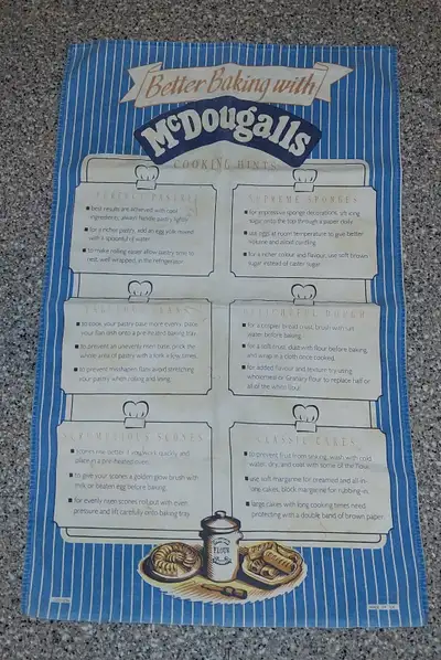 Here's a vintage Better Baking with McDougalls cotton tea towel, it's listed with hints for better b...