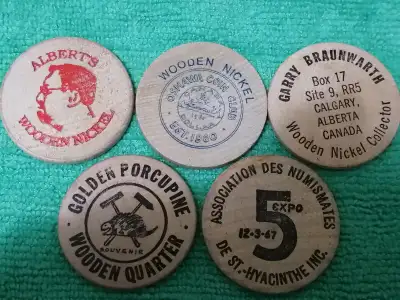 5 Wooden Nickels Tokens Wooden Quarter 1974 Expo 67, View more