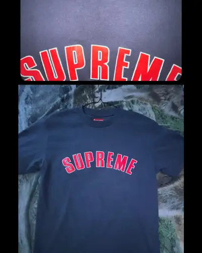 This is a Supreme “Cracked Ark” t-shirt, featuring a bold, arched logo, with intricate lines creatin...