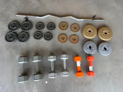 Curl bar plates and dumbbells for sale, View more
