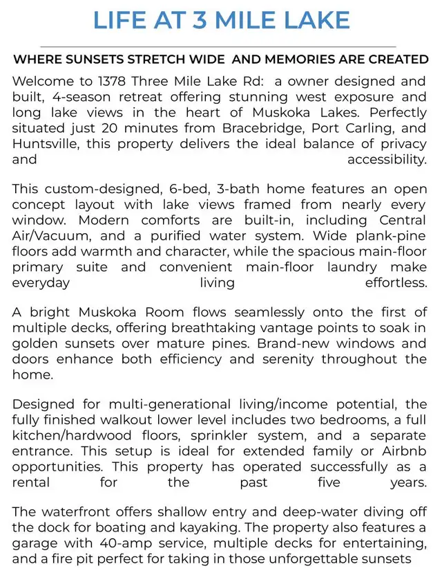 FOR SALE: $1,094,000 - Three Mile Lake, Muskoka