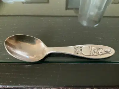 Peter Rabbit Small Silver Plate Baby Infant Spoon On the back it reads compliments of D.R. Dingwall...