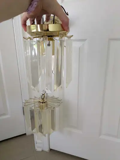 Pair of pretty pendant light fixtures, gold and faux crystal, View more