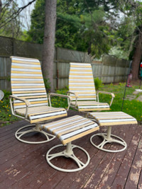 Pair of vintage Homecrest Patio lounge chairs with foot stools