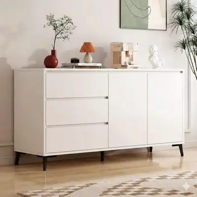 Modern Minimalist Warm White Sideboard: 3-Drawer & Double Door Cabinet Storage ✅ Brand New – Sealed...