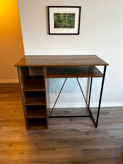 Bar height table with storage shelves, View more