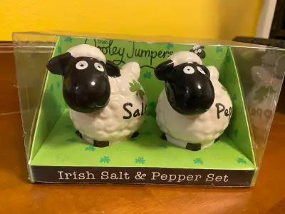 NIB Irish Wooley Jumpers Sheep Ceramic Salt And Pepper Shakers, View more