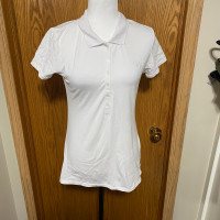 Female White half button up collar shirt 