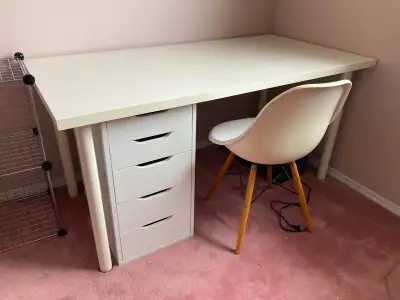 White IKEA desk with drawer unit and white chair. Measurements desk: 59”x30.5”x28.75” (150 cmx75x73)