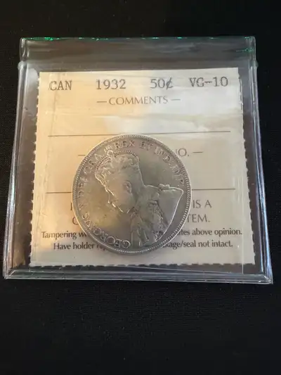 1932 Canada Silver Half Dollar ICCS VG-10, View more
