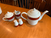 Tea pot, cream, sugar and salt and pepper shaker