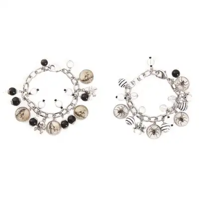 "SKULLS AND SPIDERS CHARM BRACELETS (Set of 2)" measure 9" each and feature glass adornments. Spot c...