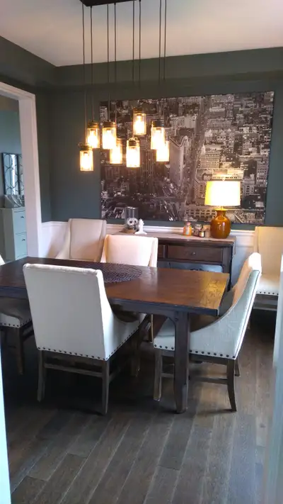 Wood dining room table and upholstered chairs, with sideboard, View more