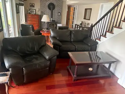 LeatherLeather  couch and chair, View more