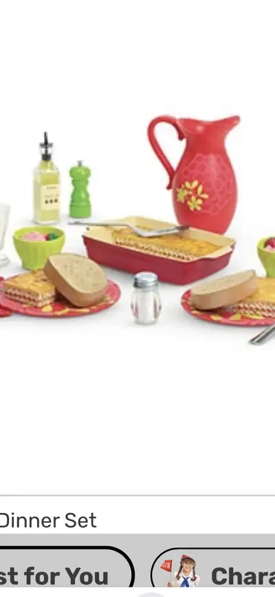 American Girl Delicious Dinner includes lasagna in pan, lifter, 2 plates, 2 forks, 2 spoons, 2 napki...