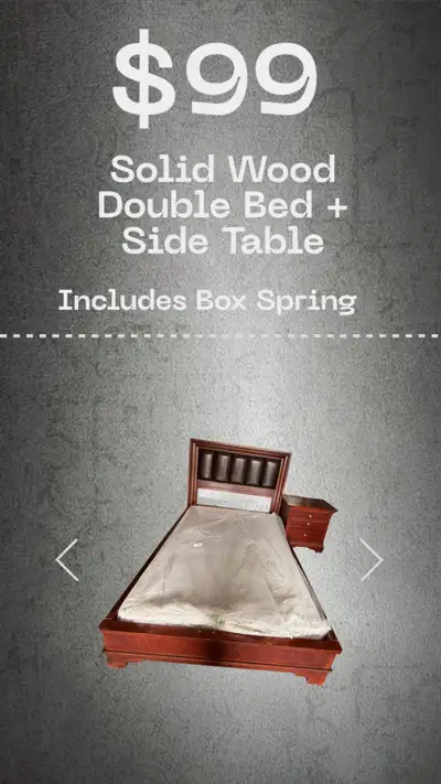 Solid Wood Double Bed Frame + Matching Side Table — Box Sp, View more