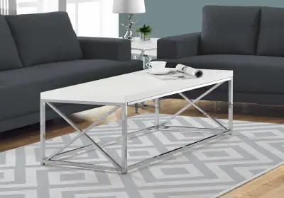Glossy White Top Coffee Table with Chrome Metal for Only $199., View more