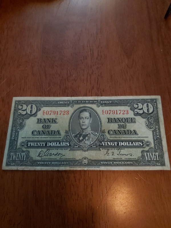 B of C 1937 $20 Bill Gordon-Towers E/E 0791723 (Low Number) in Arts & Collectibles in Saint John