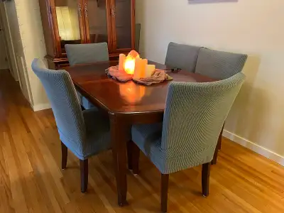 Wooden Dining Table, 40x60, with leaf and  6 Covered Chairs, View more