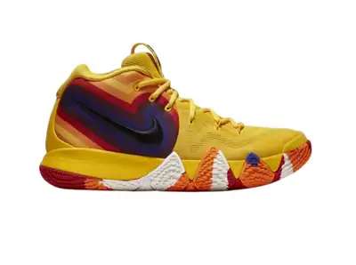 Nike Kyrie 4 Low basketball shoes in a vibrant yellow with rainbow detailing on the heel. These shoe...