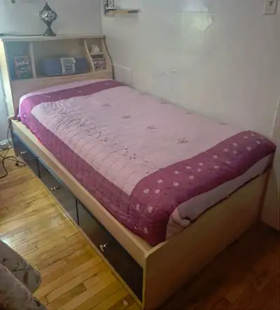 Single bed with mattress, storage compartments: drawers/headboar, View more