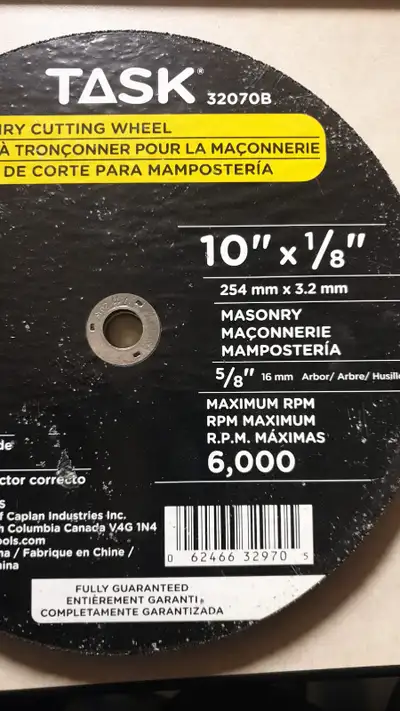 Brand New, Task 32070B Masonry Cutting Wheel, 10 in Dia, 1/8 in Thick, 5/8 in Arbor. Masonry cutting...