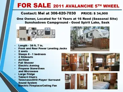 2011 Avalanche, 38ft 7inch 4 slide outs Located on a seasonal site since new.
