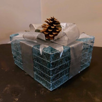 Light Blue Box With Silver Ribbon & Pine Cone Lighted Gift Box