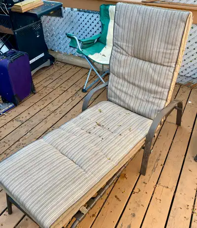 Chaise lounge. Adjusts to 5 different angles. Full length cushion. 66 x 26”. Seat 15” H, back 44” H....