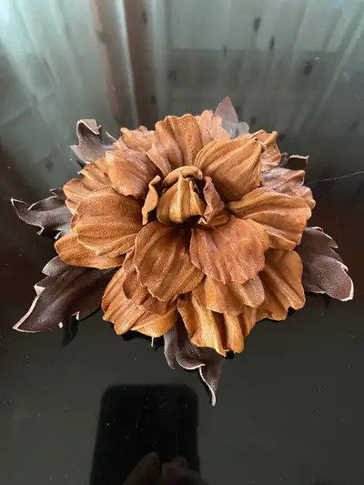 Leather handmade brown flower brooch $55