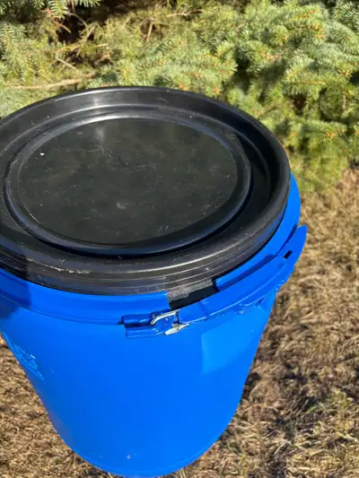 $55.00. The 60 L, Blue “Food Grade,” Barrel—with Black Lid, Black Handles, and light weight, durable...