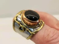 Hand crafted Brass, Copper, Stone Brutalist Ring