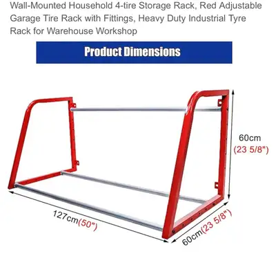 Wall-Mounted Household Storage Rack, Red Adjustable Garage Tire Rack with Fittings, Heavy Duty Indus...