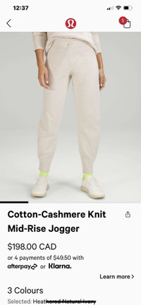 Lululemon Cotton-Cashmere Knit Mid-Rise Jogger (size 6) 