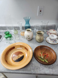 Antique glassware, tea cups, wood bowls, vases