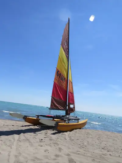 This 1981 Hobie 16 catamaran is in very good condition. It has been stored indoors in winter. Both h...