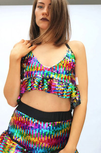 Rainbow Sequin Crop Top and  High Waisted Shorts