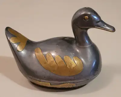 Vintage 1960's -5.5" Pewter & Brass Duck Container/ Trinket Box, View more