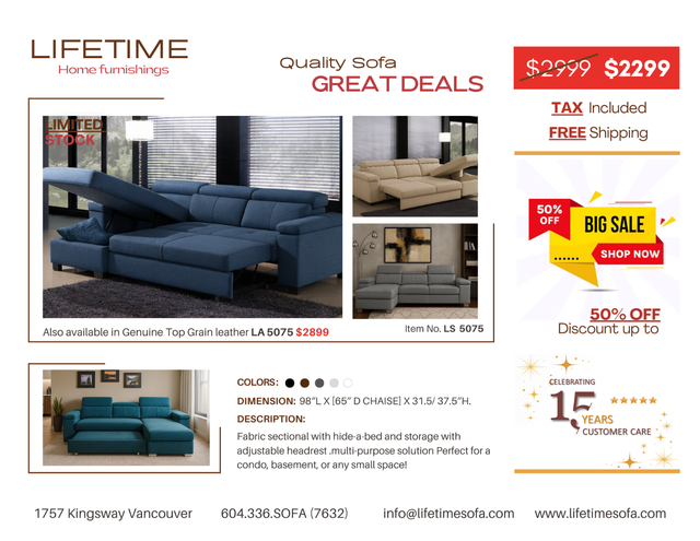 Fabric sectional sofa and chaise with hide-a-bed and storage in Couches & Futons in Vancouver - Image 12