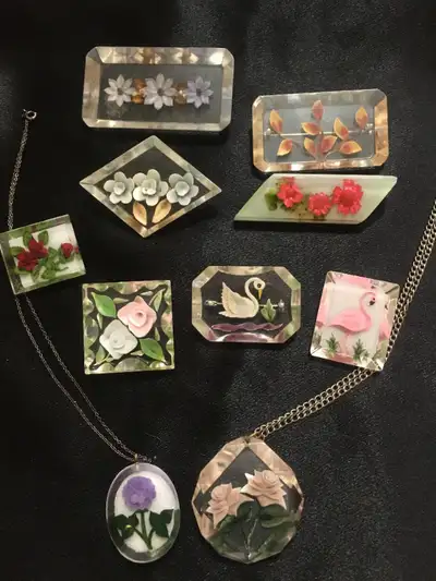 Reverse Carved Clear Lucite Brooches, View more