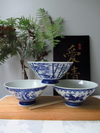 Porcelain 3 Blue & White Japanese Rice Soup Bowls