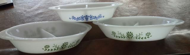 3 Vintage Glasbake Oval Green Daisy Floral Divided Dishes in Arts & Collectibles in Stratford