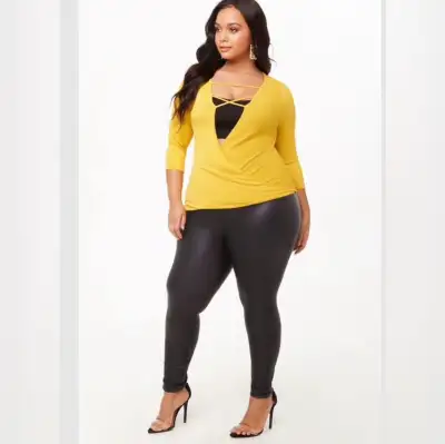 Plus size plunging crisscross surplice top Colour yellow, View more