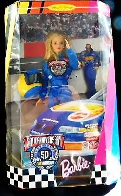 1998 BLONDE BARBIE DOLL 50TH ANNIVERSARY NASCAR, COA BOX UPC : 074299204425 Title : Barbie NASCAR 50...