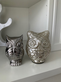 Decorative Wise OWL Mirrored Silver Ceramic Statues Figurines x2