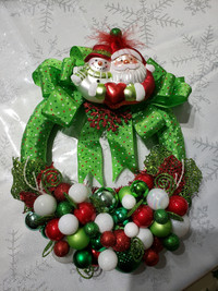 Adorable Christmas wreath with Santa and snowman feature, orname