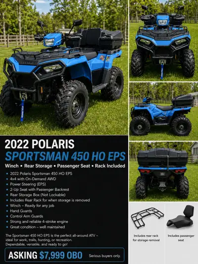 I'm selling a 2022 Polaris Sportsman 450 HO EPS, a versatile all-around ATV perfect for work, trails...