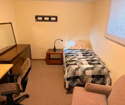 Furnished clean and cozy bedroom in the basement is available now. Large walk-in closet (a lot of st...