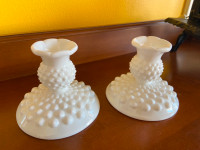 Vintage Fenton Pair of Hobnail Milk Glass Candle Stick Holders