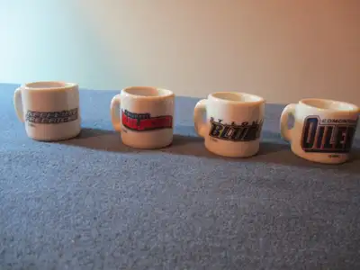 LOT OF 4 MINIATURE HOCKEY MUGS-OILERS-ST. LOUIS BLUES-NASHVILLE+, View more